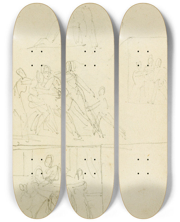 Triptych art skateboard deck of Thodore Gricault Four Compositional Studies For A Group Of Figures by Theodore Gericault (1791-1824)