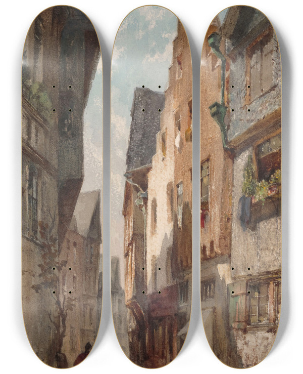 Triptych art skateboard deck of Alphonse Pecquereau Cityscape_2 by Alphonse Pecquereau