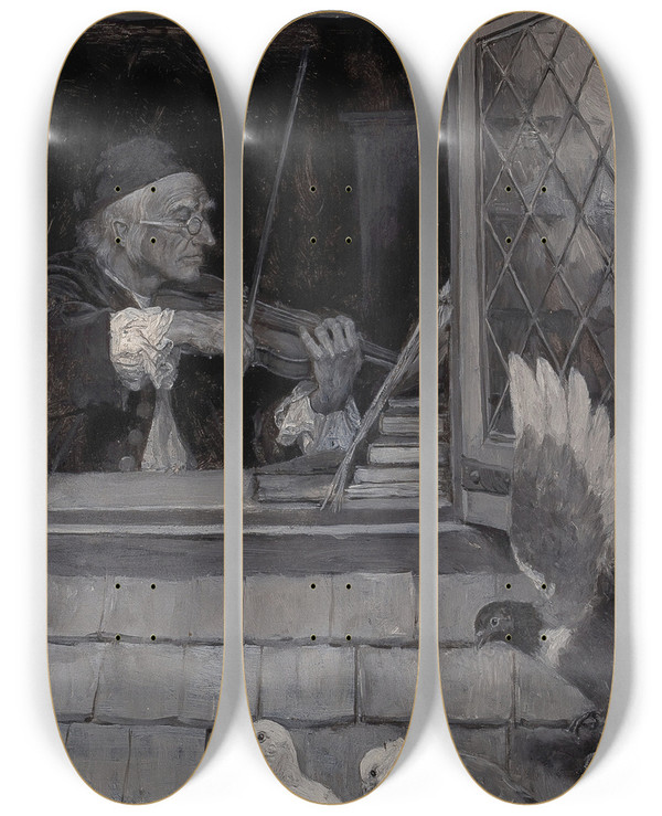 Triptych art skateboard deck of Howard Pyle The Old Violin by Howard Pyle (1853-1911)