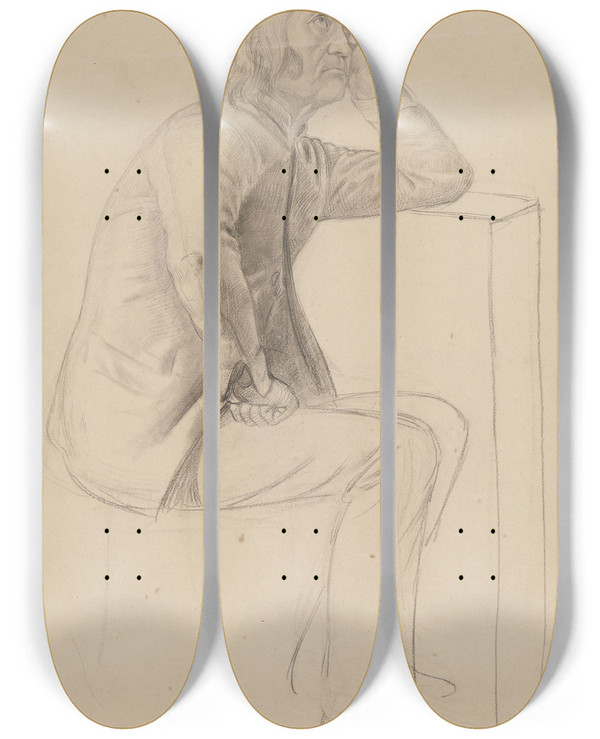 Triptych art skateboard deck of Adolph Tidemand Sitting Man_1 by Adolph Tidemand (1814-1876)