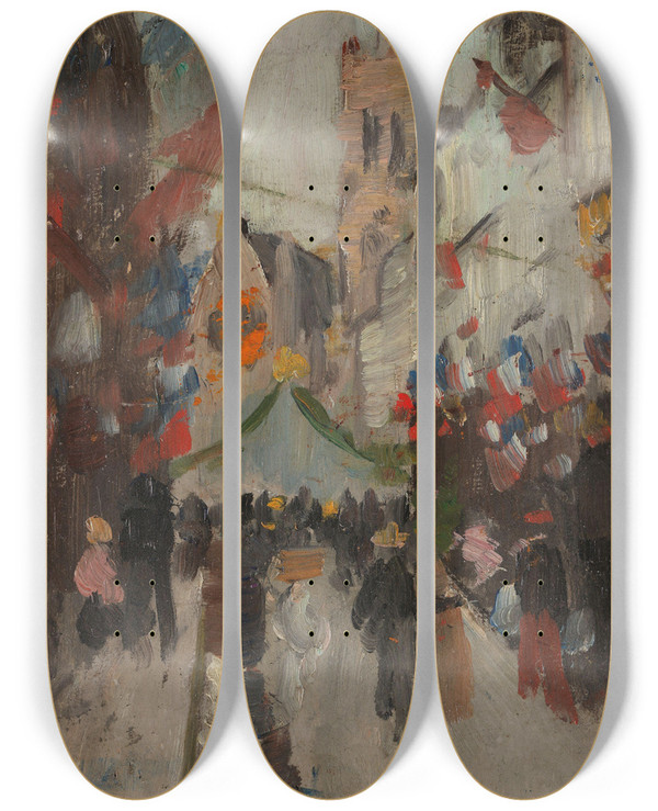 Triptych art skateboard deck of Frits Thaulow July 14Th In Dieppe by Frits Thaulow (1847-1906)