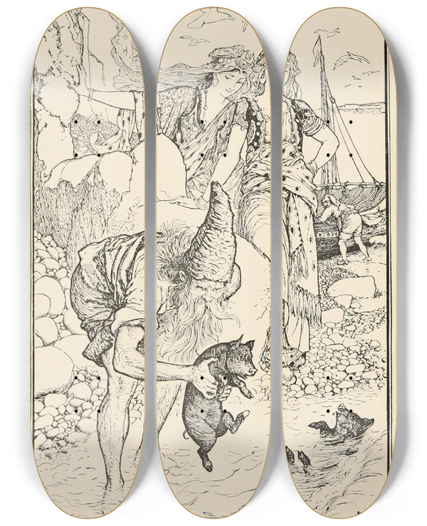 Triptych art skateboard deck of Henry Justice Ford The Dervish Drowning The Pigs_2 by Henry Justice Ford (1860-1941)