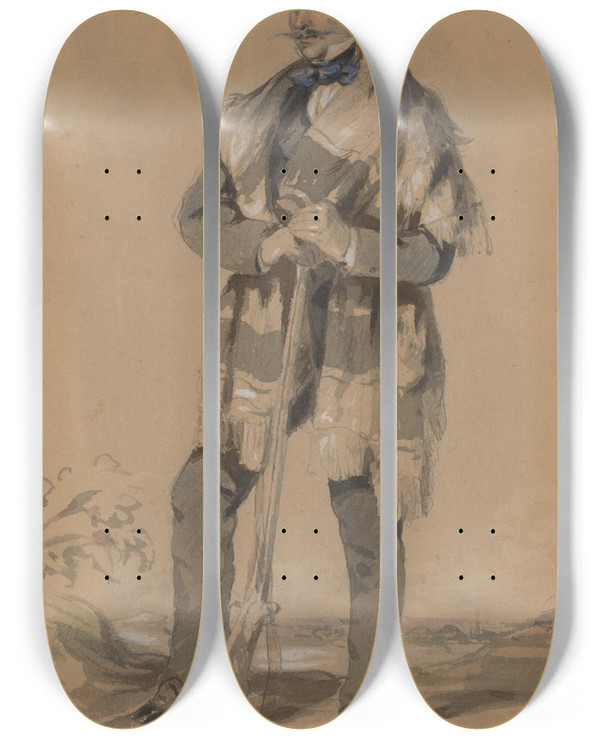 Triptych art skateboard deck of Friedrich Carl Von Scheidlin Man With A Rifle by Friedrich Carl Von Scheidlin (1822-1913)
