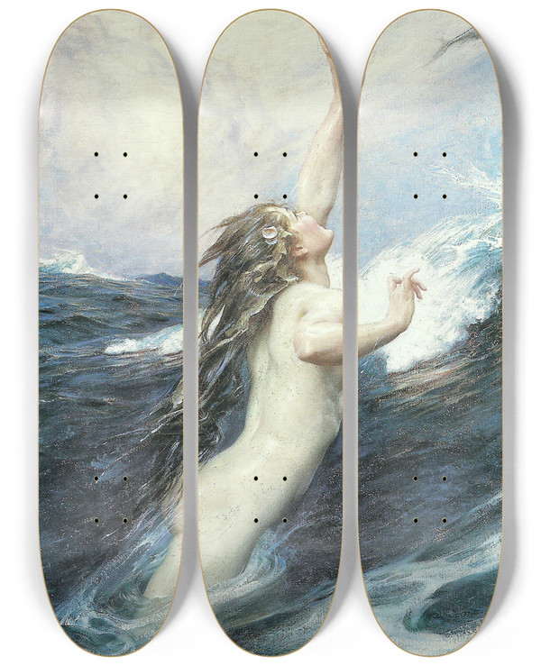 Triptych art skateboard deck of Herbert James Draper Flying Fish by Herbert James Draper (1864-1920)