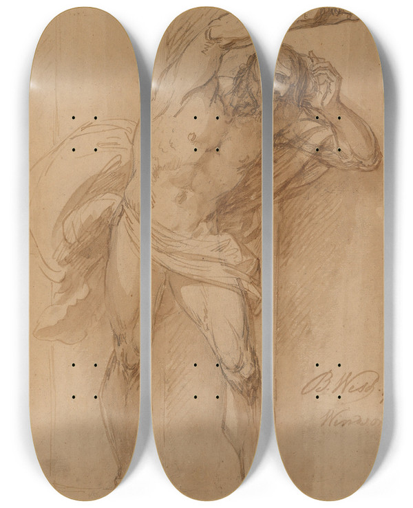 Triptych art skateboard deck of Benjamin West Study For The Crucifixion_2 by Benjamin West (1738-1820)
