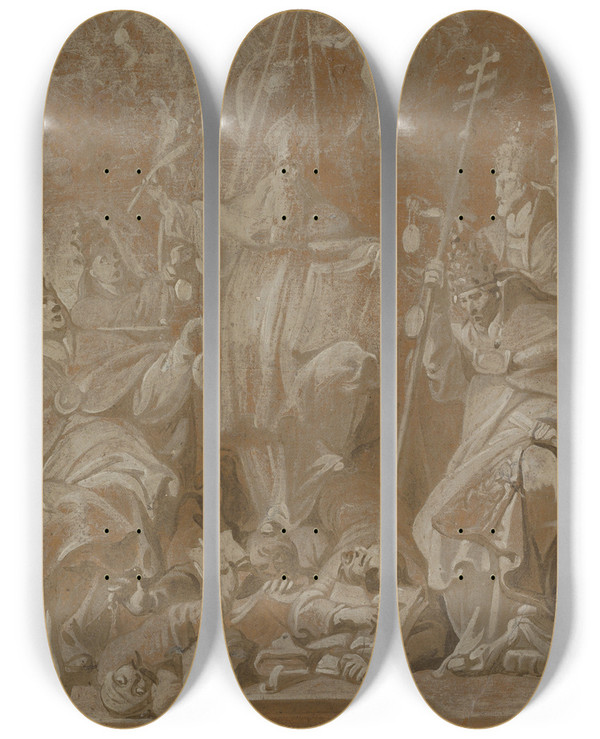 Triptych art skateboard deck of Antoon Sallaert Saint Lambert Trampling His Murderers Surrounded By The Four Church Fathers by Antoon Sallaert (1594-1650)