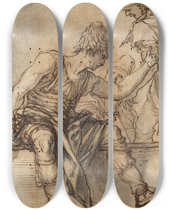 Triptych art skateboard deck of Salvator Rosa Youth Sitting On A Wall In Conversation With Two Men by Salvator Rosa (1615-1673)