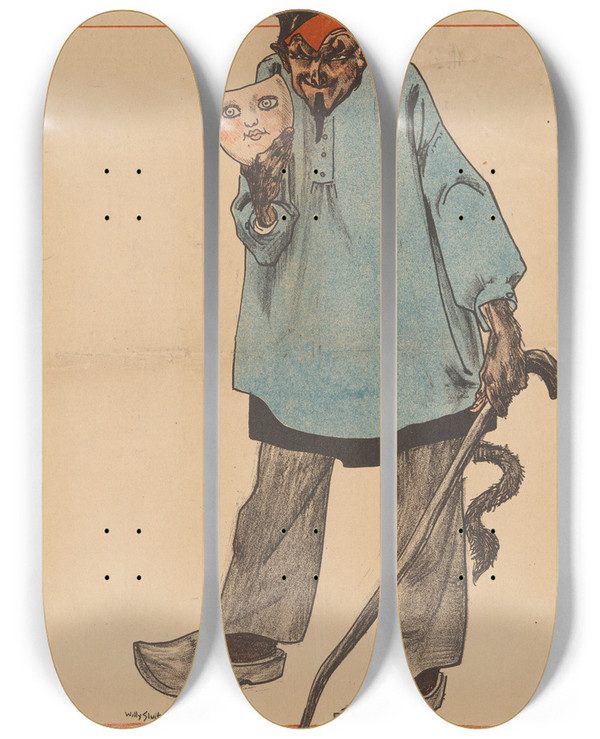 Triptych art skateboard deck of Willy Sluiter De Bossche Carnaval Afgeschaft by Willy Sluiter