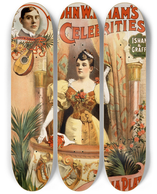 Triptych art skateboard deck of Strobridge Co Lith John W Ishams Celebrities_1 by Strobridge Co Lith (1847)