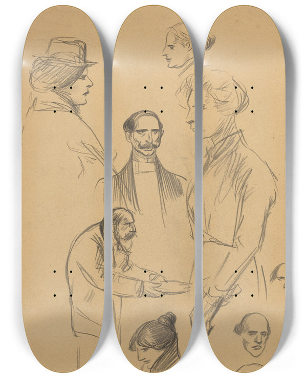 Triptych art skateboard deck of Thophile Alexandre Steinlen Figure Studies Verso by Theophile Alexandre Steinlen (1859-1923)