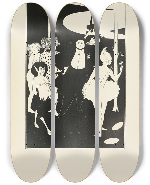 Triptych art skateboard deck of Aubrey Vincent Beardsley Under The Hill Pl11 by Aubrey Vincent Beardsley (1872-1898)