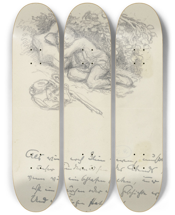 Triptych art skateboard deck of Rudolf Gudden A Resting Boy by Rudolf Gudden (1863-1935)