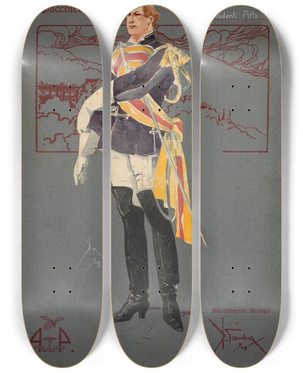 Triptych art skateboard deck of Pipein Gamba Studenti Atto Iii_4 by Pipein Gamba (1868-1954)