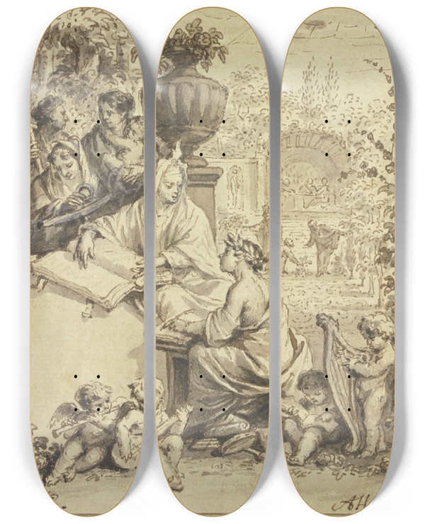 Triptych art skateboard deck of Arnold Houbraken Entwurf Fr Ein Titelblatt Klio Mit Schreibendem Jngling by Arnold Houbraken (1660-1719)