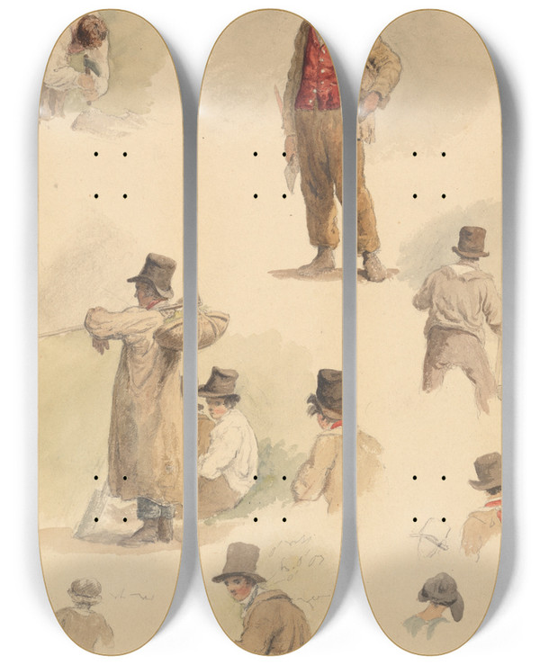Triptych art skateboard deck of Robert Hills A Woodcutter And Other Studies by Robert Hills (1769-1844)