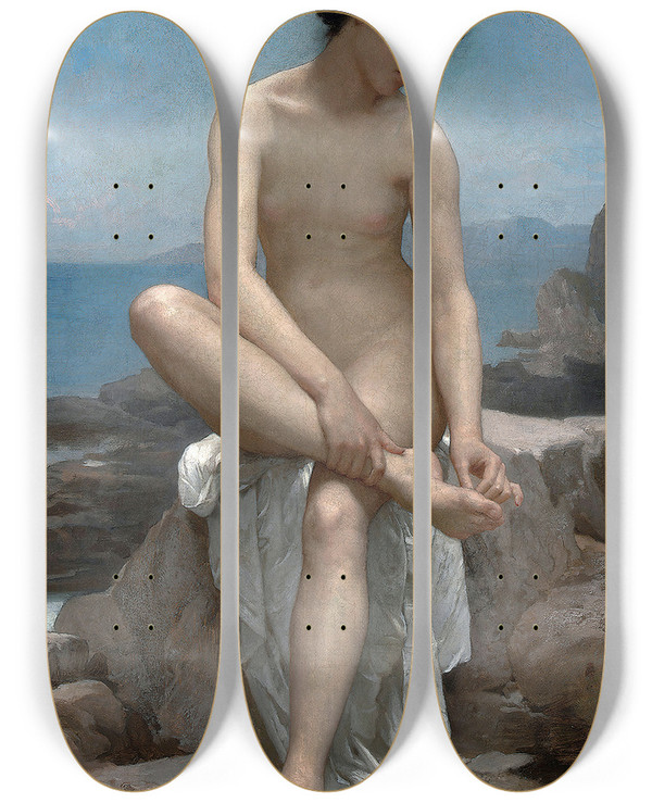 Triptych art skateboard deck of William Bouguereau The Bather by William Bouguereau (1825-1905)