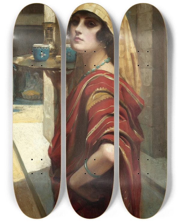 Triptych art skateboard deck of Harold Piffard Odalisque by Harold Piffard (1867-1938)