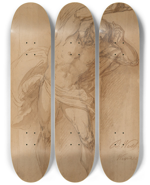 Triptych art skateboard deck of Benjamin West Study For The Crucifixion_1 by Benjamin West (1738-1820)