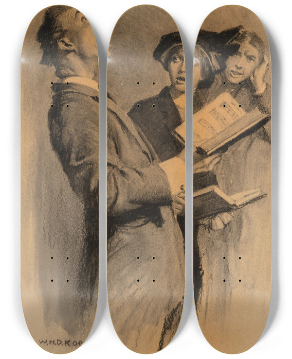 Triptych art skateboard deck of William Henry Dethlef Koerner The Volunteer Choir by William Henry Dethlef Koerner (1878-1938)