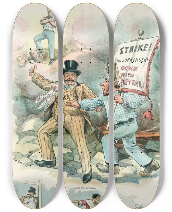 Triptych art skateboard deck of Charles Jay Taylor The Same Old Thing by Charles Jay Taylor (1855-1929)