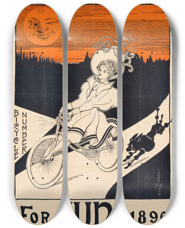 Triptych art skateboard deck of George Frederick Scotsonclark Outing Bicycle Number For June 1896 by George Frederick Scotson-Clark (1873-1973)