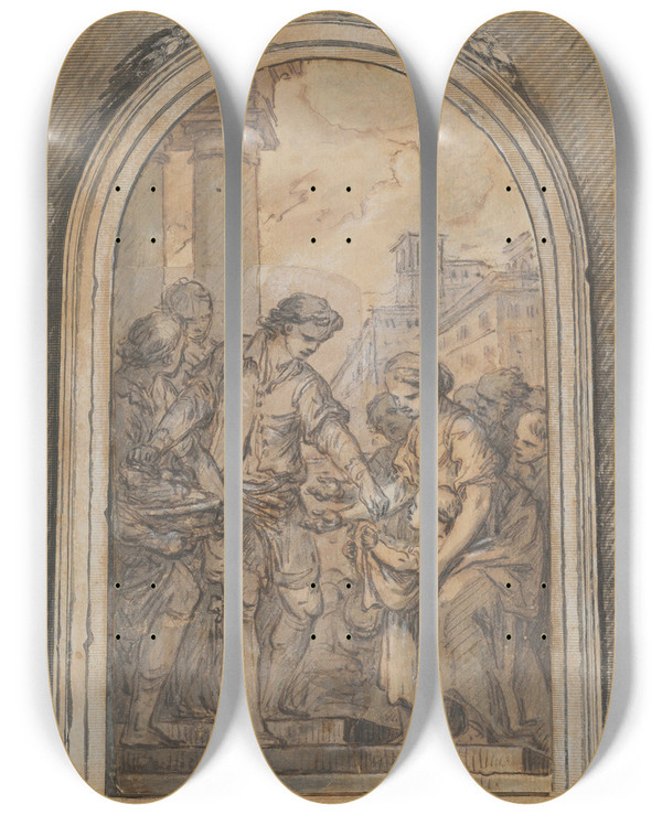 Triptych art skateboard deck of Charlesandr Van Loo St Gregory Distributing His Worldly Goods To The Poor by Charles-Andr van Loo (1705-1765)