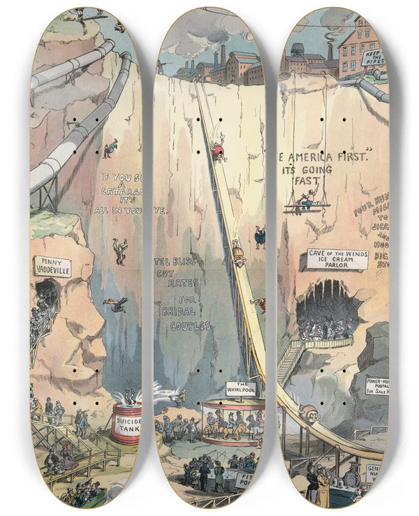 Triptych art skateboard deck of John Samuel Pughe Save Niagara Falls From This by John Samuel Pughe (1870-1909)