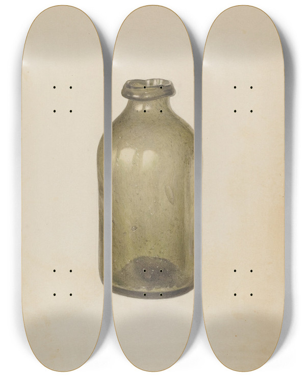 Triptych art skateboard deck of Van Silvay Shoe Blacking Bottle by Van Silvay