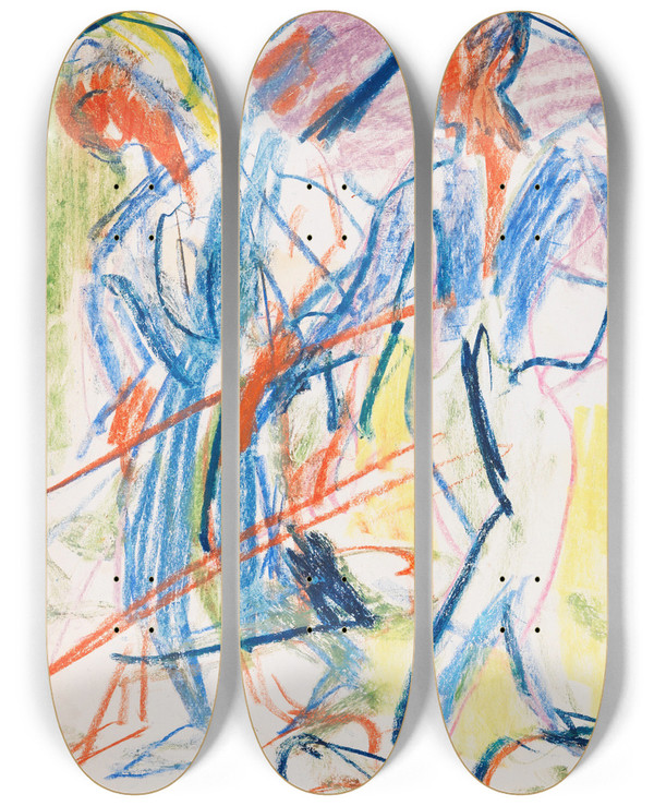 Triptych art skateboard deck of Ernst Ludwig Kirchner Heuernte by Ernst Ludwig Kirchner (1880-1938)