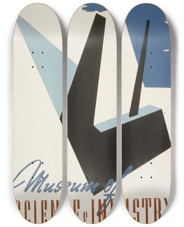Triptych art skateboard deck of Galic Museum Of Science And Industry by Galic (20-)