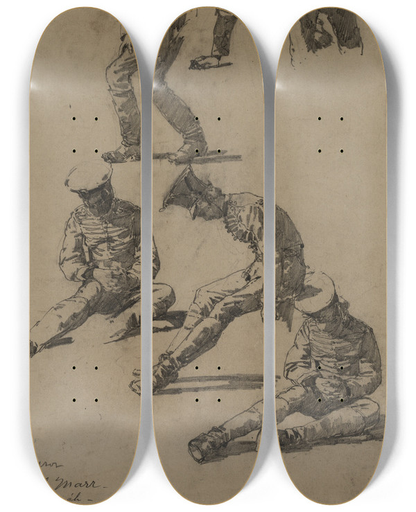 Triptych art skateboard deck of Carl Von Marr Five Studies Of A Soldier by Carl Von Marr (1858-1936)