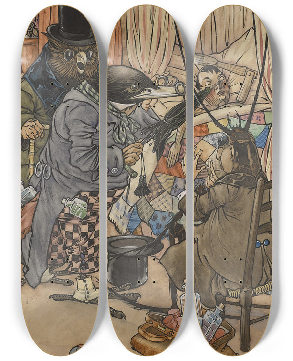 Triptych art skateboard deck of Charles Folkard The Doctors Came Immediately by Charles Folkard (1878-1963)