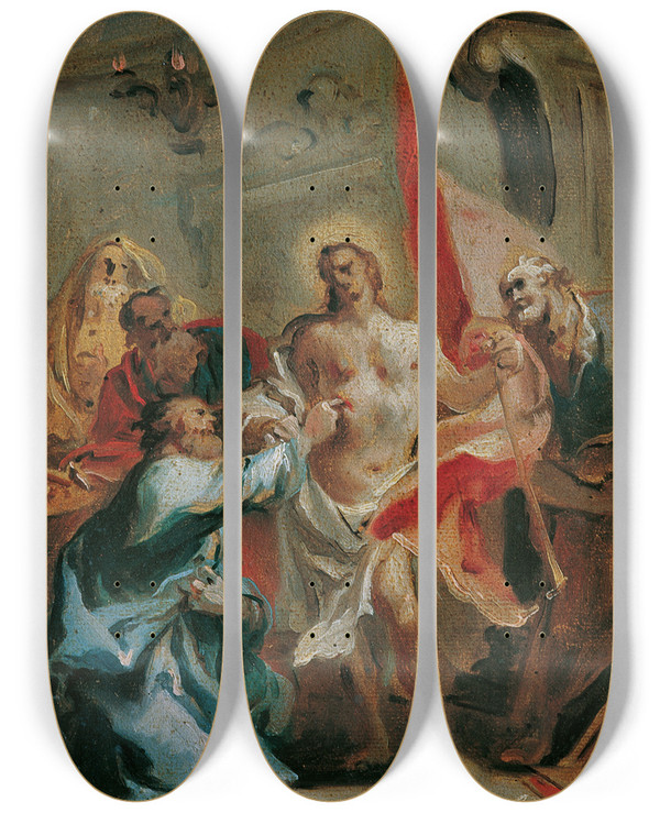Triptych art skateboard deck of Carlo Carlone Christ And The Doubting Thomas by Carlo Carlone (1686-1775)