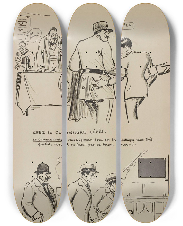 Triptych art skateboard deck of Georges Goursat Sem Chez Le Commissaire Lfs by Georges Goursat (Sem) (1863-1934)