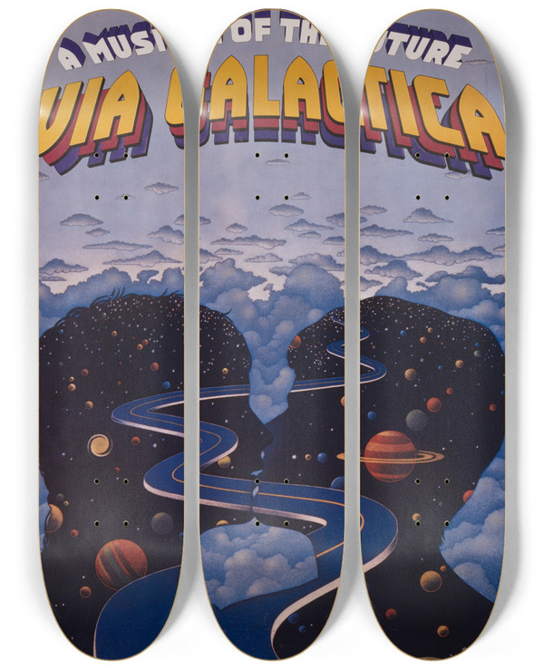 Triptych art skateboard deck of Artcraft Lithograph Via Galactica by Artcraft Lithograph (1905-1970)