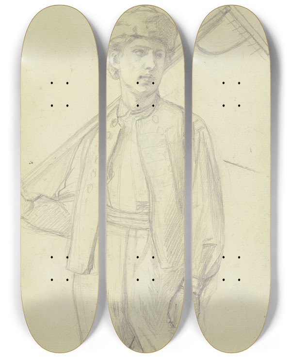 Triptych art skateboard deck of Jakob Becker Young Farmer With Rake by Jakob Becker (1810-1872)