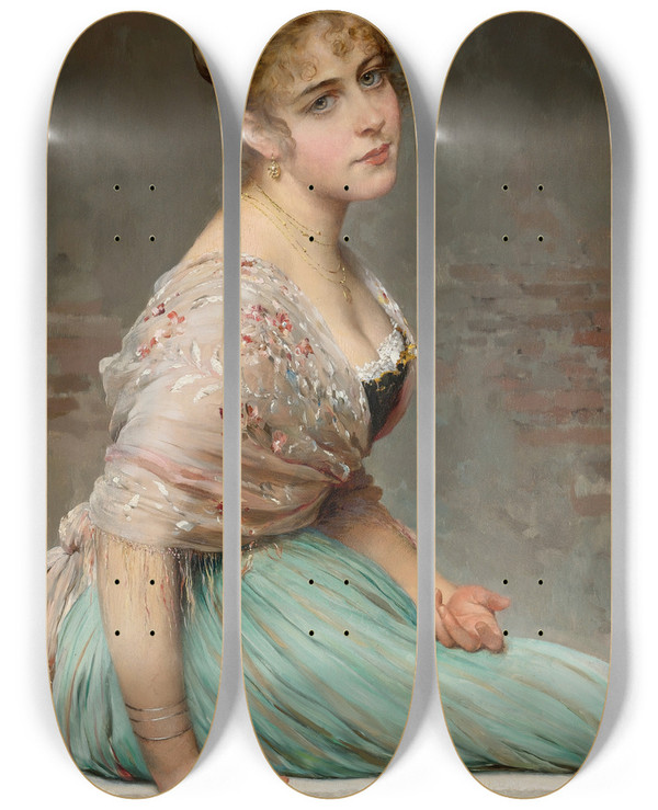 Triptych art skateboard deck of Eugen Von Blaas Contemplation by Eugen Von Blaas (1843-1931)