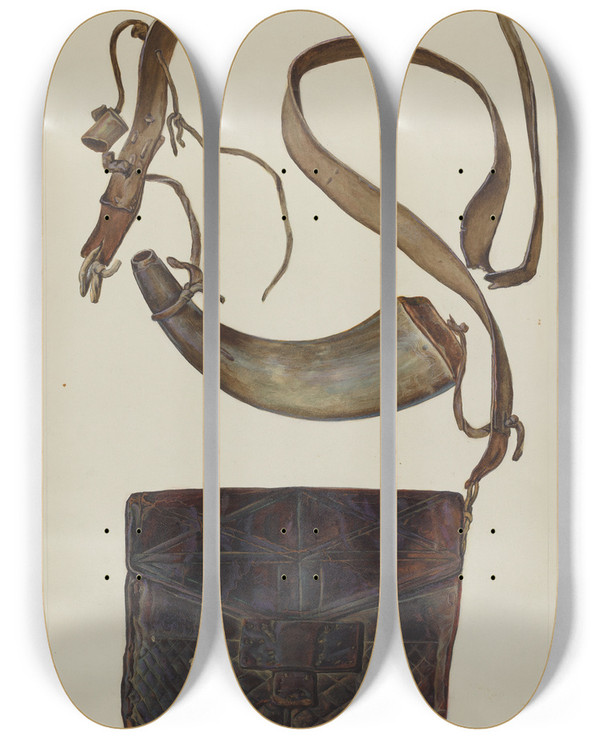 Triptych art skateboard deck of Cecil Smith Bullet Pouch And Powder Horn by Cecil Smith