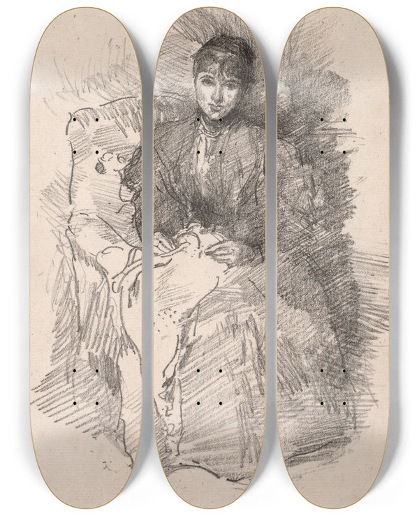 Triptych art skateboard deck of James Abbott Mcneill Whistler Needlework by James Abbott Mcneill Whistler (1834-1903)