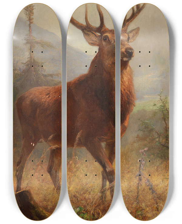 Triptych art skateboard deck of Anton Weinberger Trophy Stag In An Open Landscape by Anton Weinberger (1843-1912)