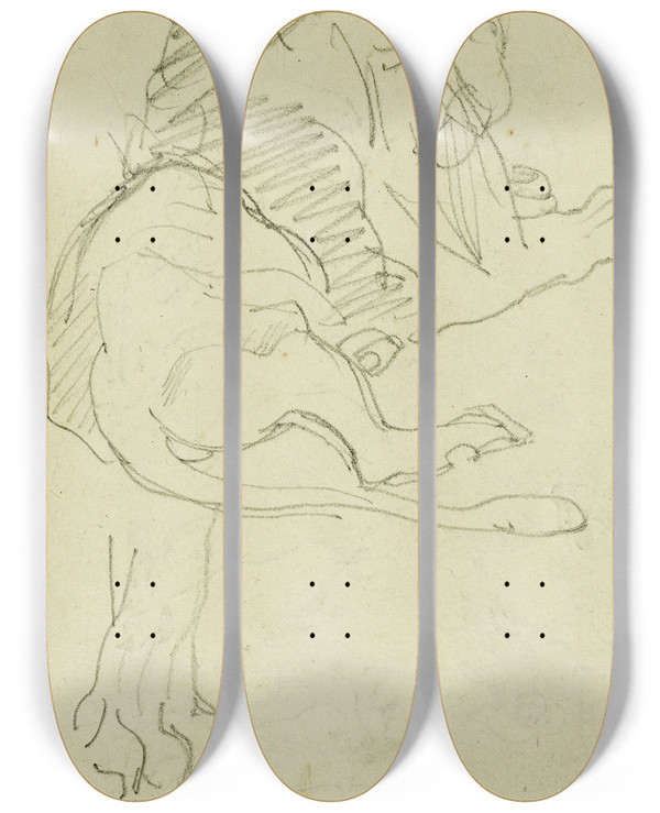 Triptych art skateboard deck of Thodore Gricault Seated Lion_1 by Theodore Gericault (1791-1824)