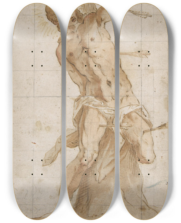 Triptych art skateboard deck of Hans Friedrich Schorer Saint Sebastian by Hans Friedrich Schorer (1609-1649)