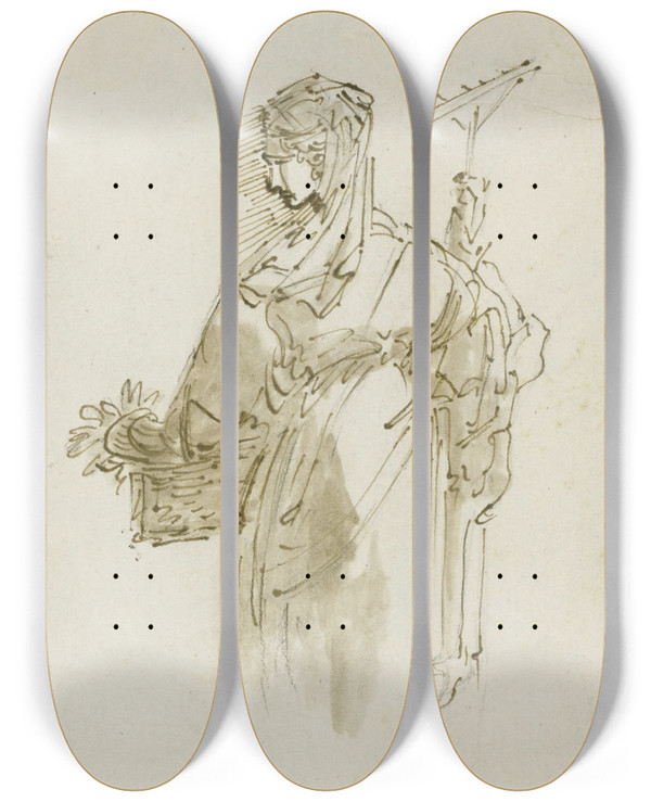 Triptych art skateboard deck of Giuseppe Bernardino Bison Study Figure For A Peasant Woman Holding A Basket And Rake by Giuseppe Bernardino Bison (1762-1844)