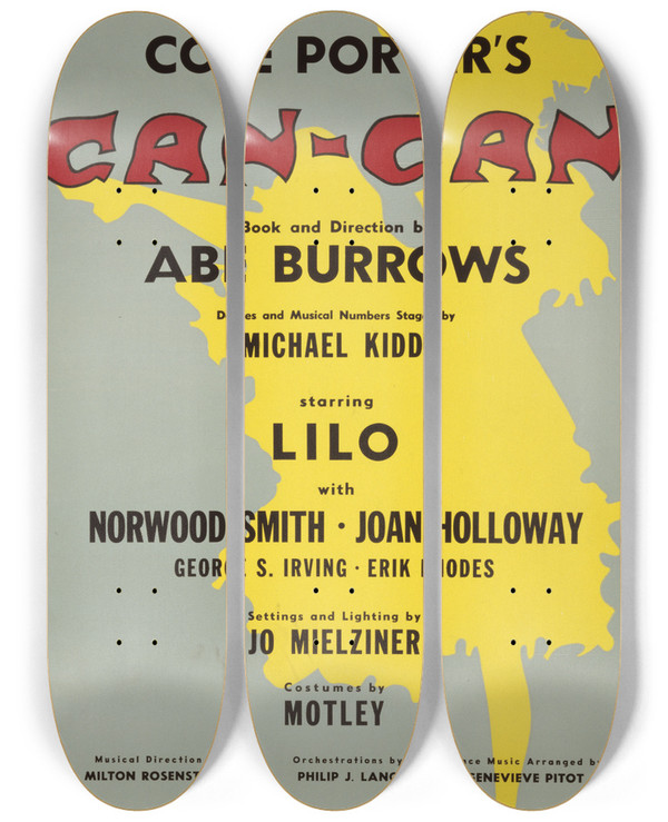 Triptych art skateboard deck of Artcraft Lithograph Cancan by Artcraft Lithograph (1905-1970)