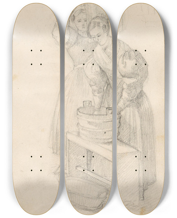 Triptych art skateboard deck of Adolph Tidemand Kvinner Som Henger Opp Klr by Adolph Tidemand (1814-1876)