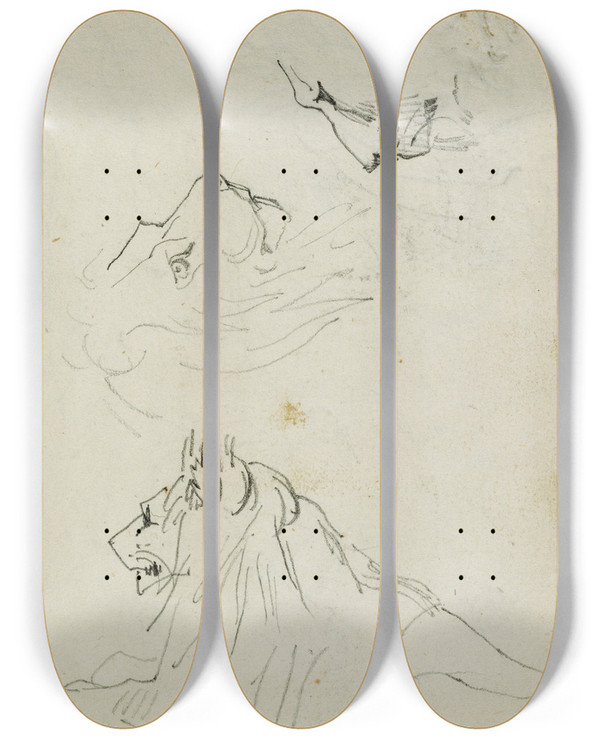 Triptych art skateboard deck of Thodore Gricault Seated Lion Two Lion Head Studies by Theodore Gericault (1791-1824)