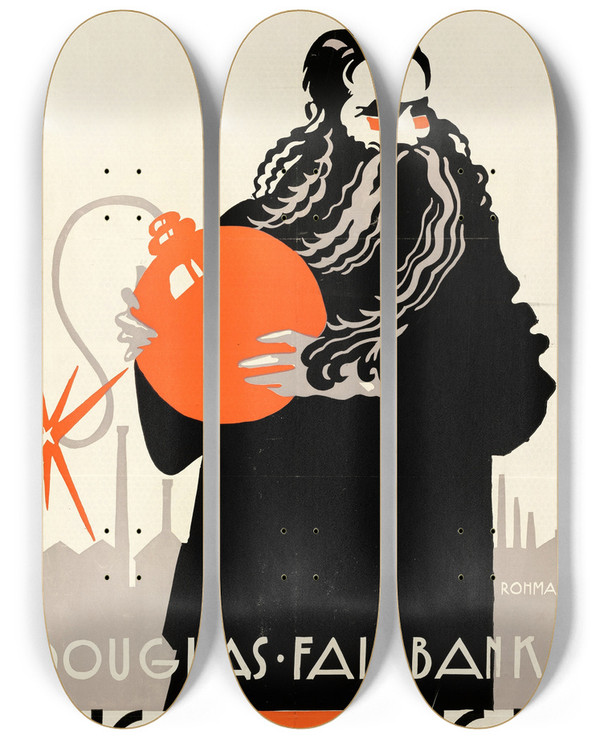 Triptych art skateboard deck of Eric Rohman In Again Out Again by Eric Rohman (1891-1949)