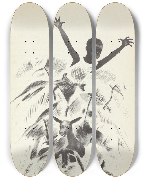 Triptych art skateboard deck of Avery Johnson Mouseknees Pl11 by Avery Johnson (1906-1990)