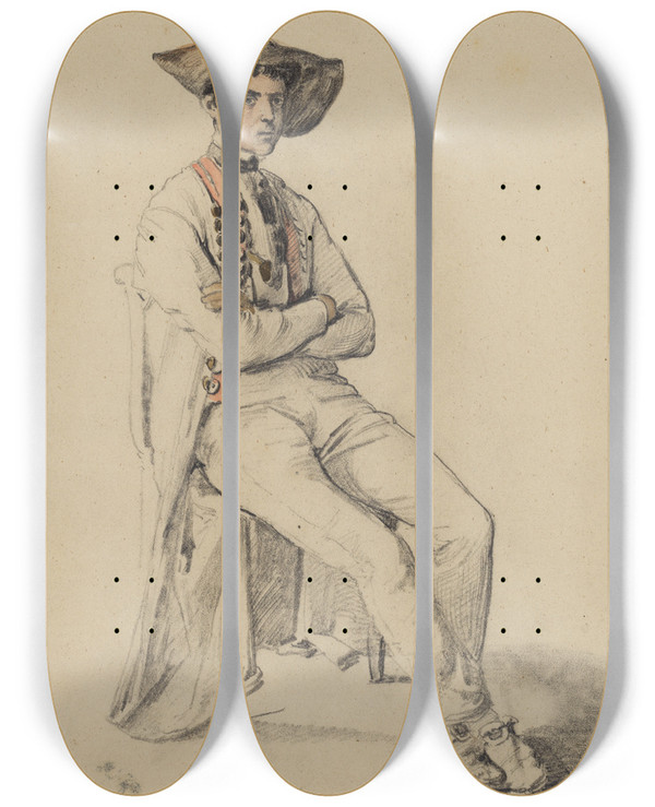 Triptych art skateboard deck of Johann Baptist Kirner Sitzender Junger Mann In Hanauer Tracht by Johann Baptist Kirner (1806-1866)