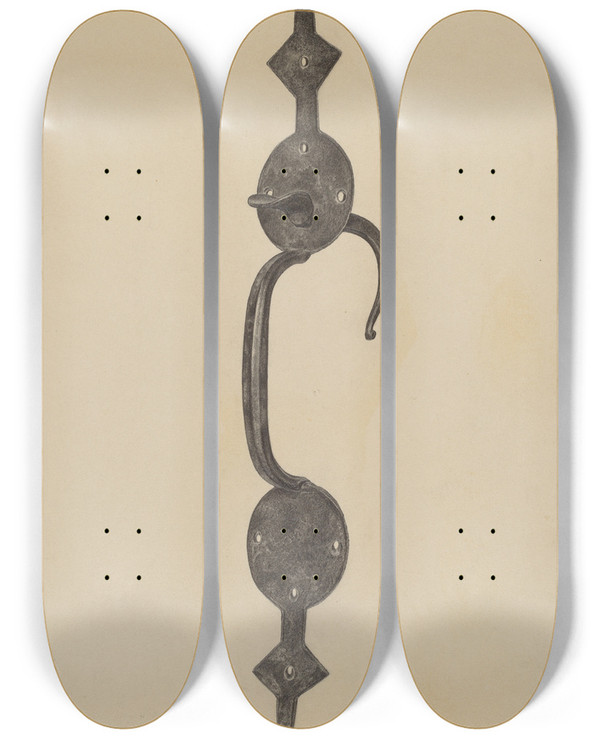 Triptych art skateboard deck of Jacob Lipkin Door Handle With Thumb Press by Jacob Lipkin